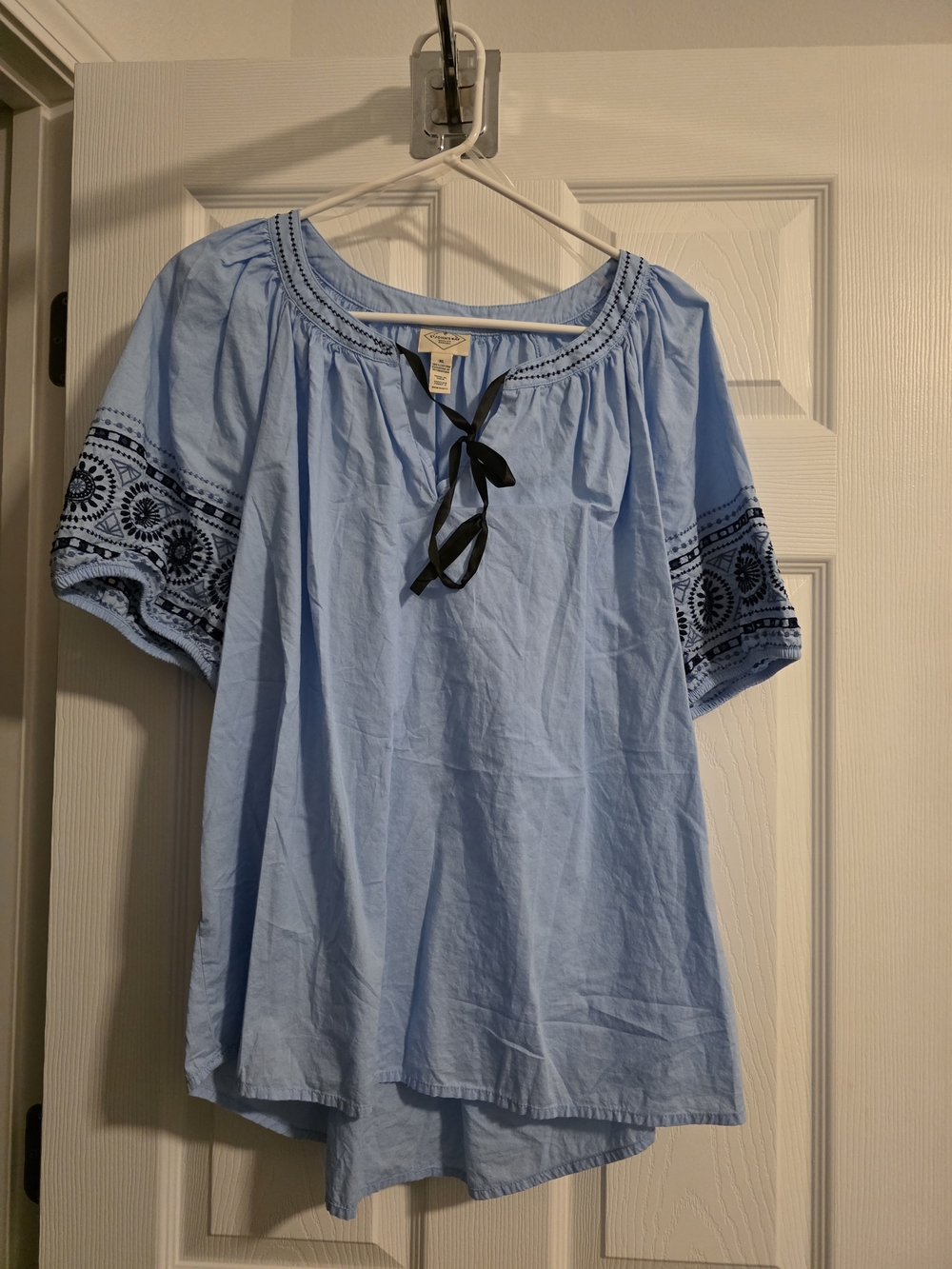 St. John's Bay Light Blue Peasant Blouse with Black Embroidered Sleeves